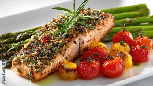 Herb Crusted Salmon with Roasted Asparagus and Cherry Tomatoes on White Plate 