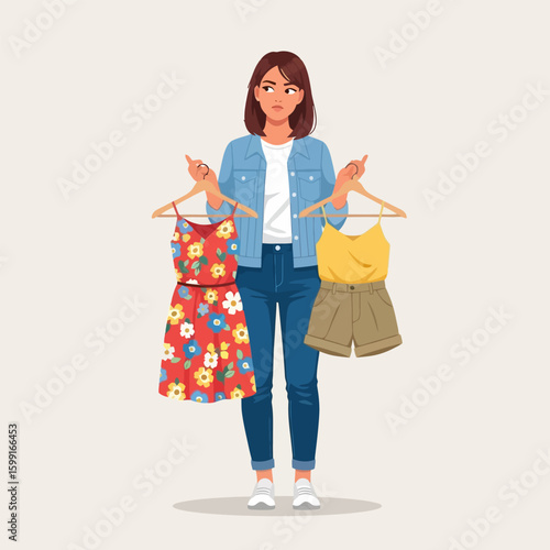 Woman Choosing Outfits Holds Summer Clothes with Pensive Expression