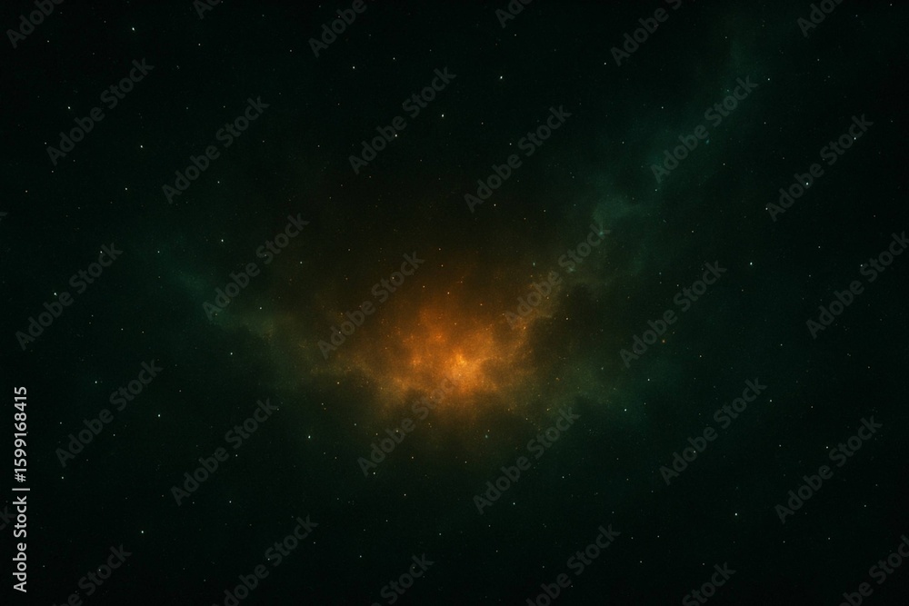 Naklejka premium A glowing orange nebula radiates from the center, surrounded by dark green cosmic clouds and scattered stars, creating a mysterious and vibrant outerverse scene.