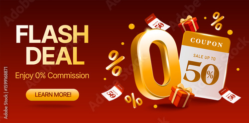 3d coupon with 0 percent icon, gift boxes and gift vouchers flying around, isolated on red background. Flash deal discount banner template with zero percent in 3d vector. Vector illustration