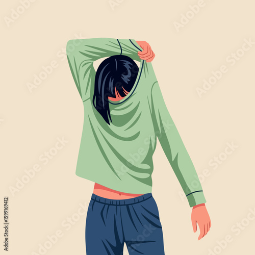 Woman Taking Off Green Pajama Top in Bedroom