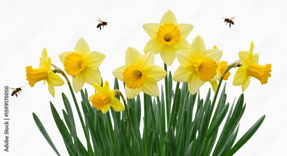 Obraz premium Vibrant yellow daffodils bloom brightly attracting busy bees in soft light. AI Generated