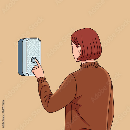 Person Pushing Blue Doorbell Button on Beige Wall Illustration