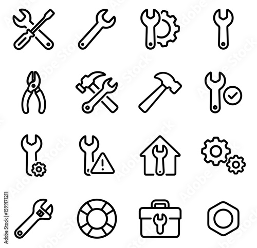 Simple Outline Handdrawn Spanner and Hammer Mechanic Tool Icon Set