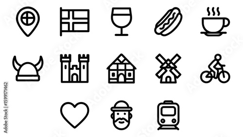 Minimalist Outline Denmark Travel Destination Icon Set and Traditional Landmarks
