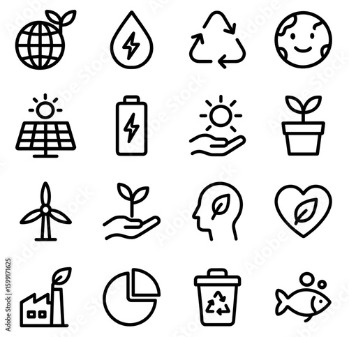 Simple Outline Environmental Sustainability and Alternative Energy Icon Set Collection