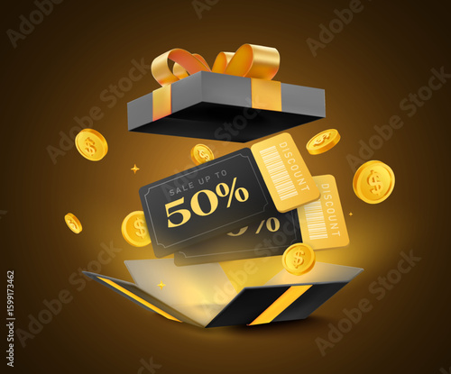 3d Black Friday coupons and coins flying out of opened gift box, isolated on dark background with light effect. Gift voucher with coupon code for black Friday discount banner template in 3d vector