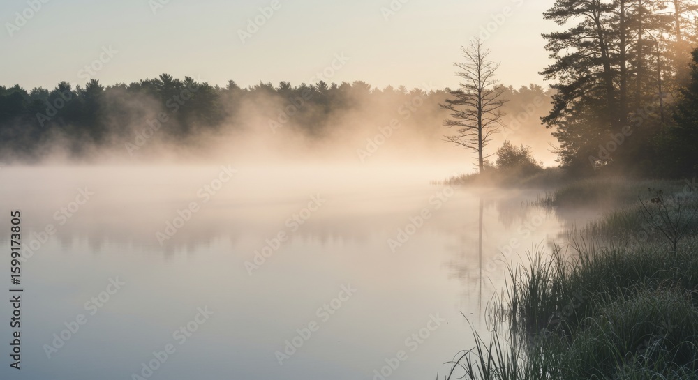 Fototapeta premium Misty Sunrise Over a Tranquil Lake