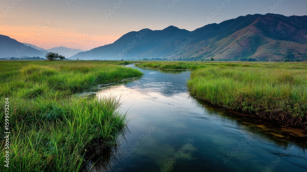 Fototapeta premium Serene river winding through a grassy meadow with distant mountains.
