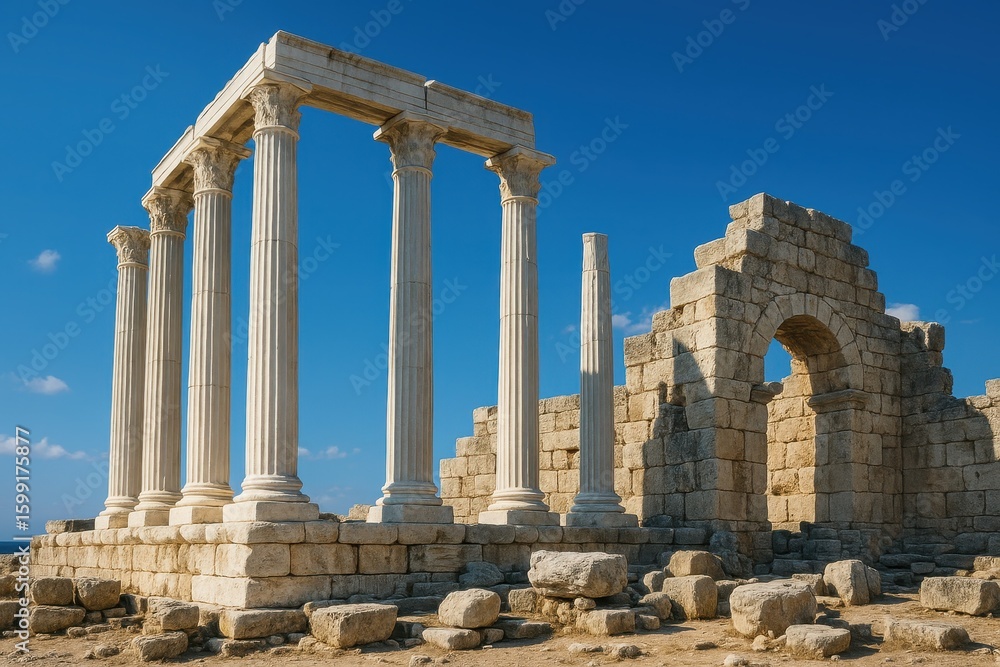 Magnificent ancient Greek acropolis temple with restored marble columns under Mediterranean blue sky Magnificent ancient Greek acropolis temple with restored marble columns under Mediterranean blue sky