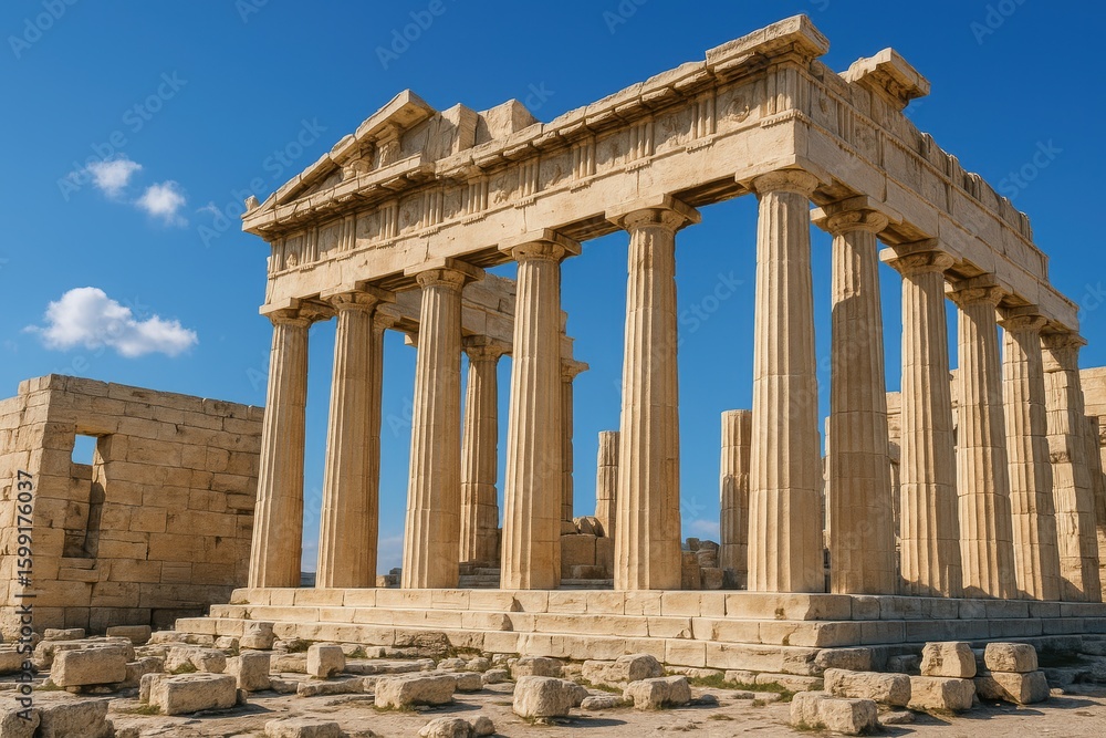 Fototapeta premium Magnificent ancient Greek acropolis temple with restored marble columns under Mediterranean blue sky