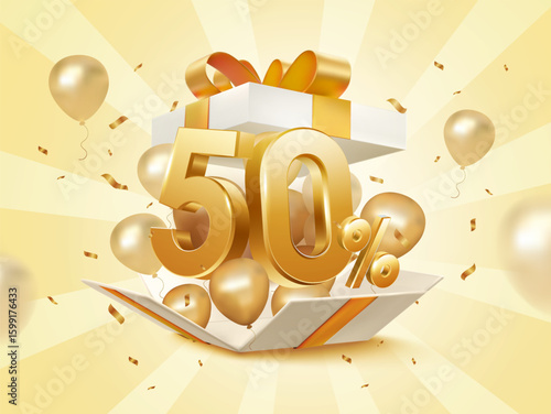 3d 50 percent off with exploded gift box, flying balloons and confetti effect, isolated on background. Discount gift banner template in 3d vector. Vector illustration