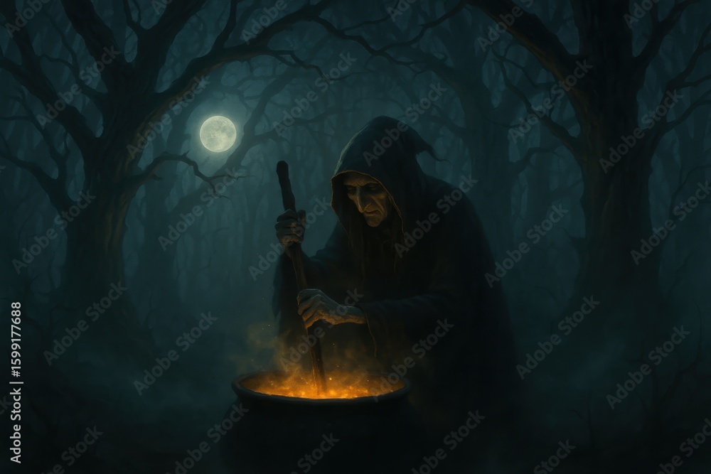 Fototapeta premium Mysterious Witch Brewing Magical Potion in Enchanted Forest During Full Moon Night