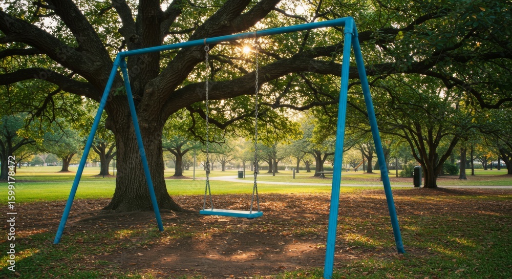 Fototapeta premium Empty Blue Metal Swing Set Under Sunlight in Autumn Park