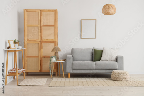 Wallpaper Mural Interior of living room with wooden closet, sofa and tables Torontodigital.ca