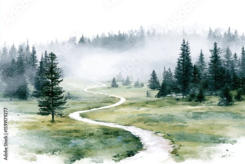 Misty mountain path winding through a verdant valley