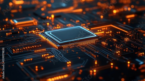 Complex circuit board with a central processing unit glowing in orange light