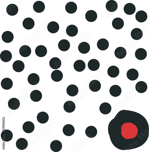 Many big circles and one spot with red figure inside.