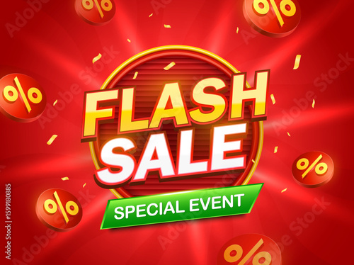 3d flash sale banner template with flying discount tags, isolated on red background. Flash sale mega deal banner in 3d vector. Vector illustration