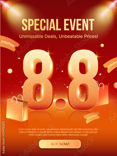 8.8 Flash sale event banner template with shopping bags and coupons flying around, isolated on red background with spotlight effect. 8.8 sale popup banner in 3d vector illustration. Vector