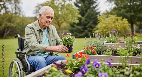 Fototapeta Naklejka Na Ścianę i Meble -  Senior man in wheelchair gardening with flowers in raised beds on a sunny day in the backyard garden