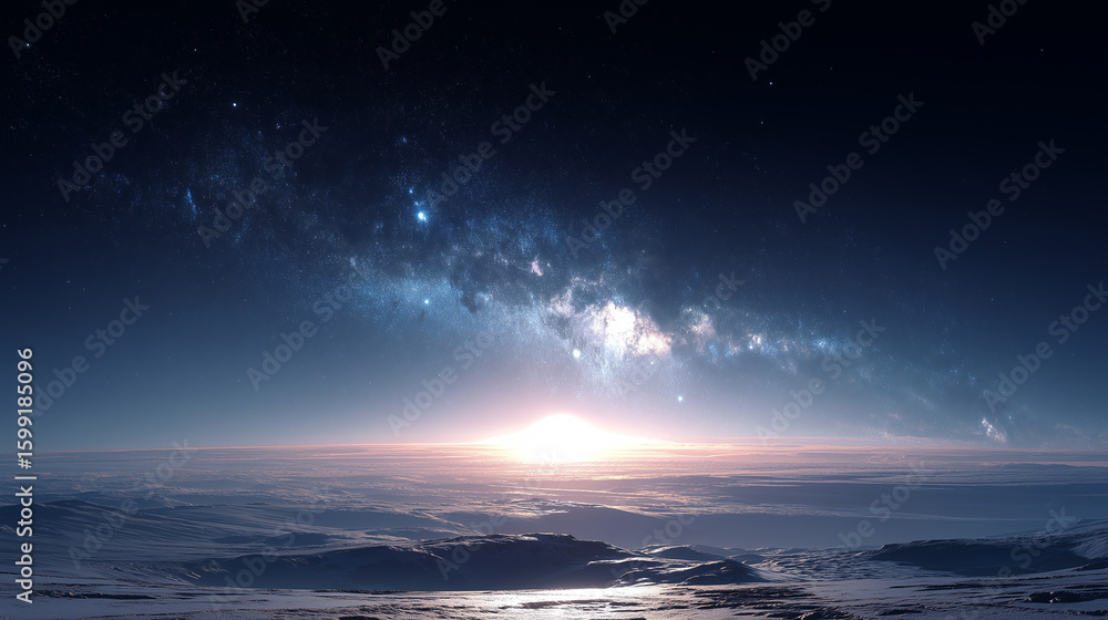 Fototapeta premium Cosmic Dawn on an Alien World: Milky Way Over a Frozen Expanse
