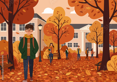 A student stands in an autumn campus scene with other students walking near the building.