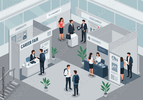 Isometric illustration of a career fair with people interacting at booths representing universities and companies.