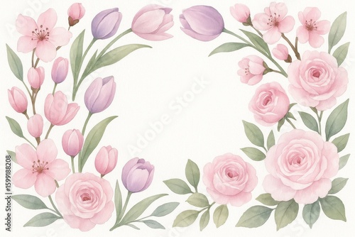 Elegant watercolor botanical border with delicate spring flowers and soft pastel color palette