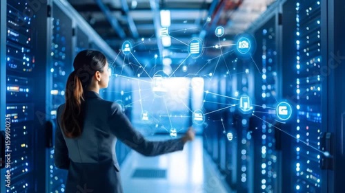 Futuristic data center management with woman interacting virtual interface tech