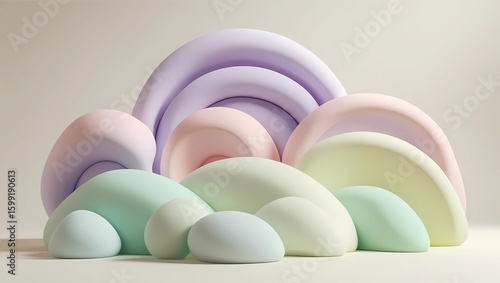 Soft pastel-colored arches and rounded shapes arranged to resemble a stylized, abstract rainbow or cloud formation against a neutral background.