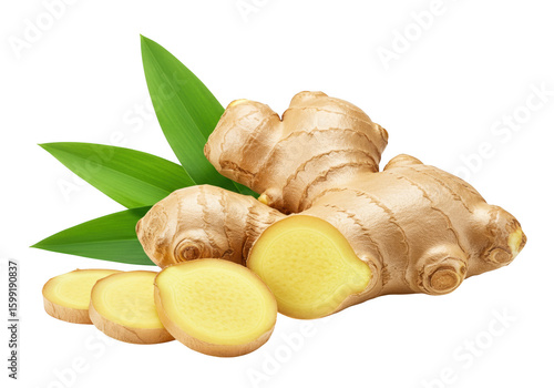 Fresh ginger root with sliced pieces and green leaves isolated on transparent background