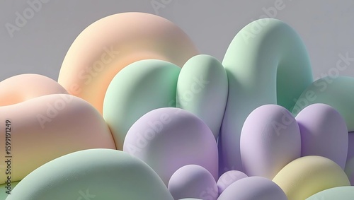 Pastel-colored, abstract, cloud-like forms arranged in a composition with soft lighting and smooth textures.