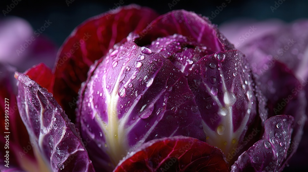 Obraz premium Fresh radicchio with vibrant purple leaves and water drops on dark background