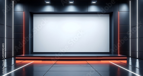 Modern futuristic stage with blank screen and neon lighting