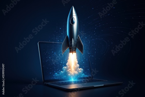 Fototapeta Naklejka Na Ścianę i Meble -  Rocket ship emerging from open laptop transforming digital dreams into space exploration reality