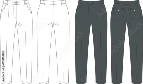 Men’s formal trousers technical flat sketch front and back view, vector apparel design for fashion illustration and garment template