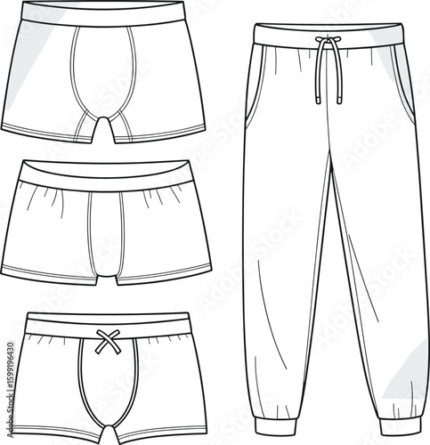 Men’s underwear and jogger pants fashion flat sketch, showcasing trunks, briefs, boxers, and sweatpants design for apparel templates