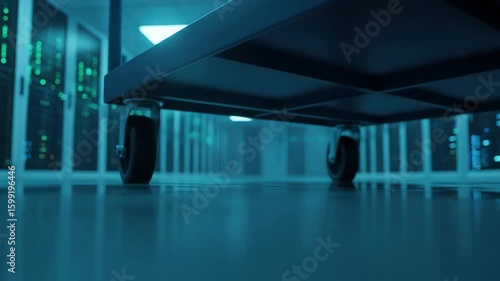 Close-up of cart wheels in data center server room, servers, technology.