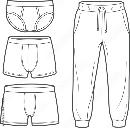 Men's underwear and jogger pants fashion flat sketch, showcasing briefs, boxer briefs, trunks, and sweatpants, essential apparel design template