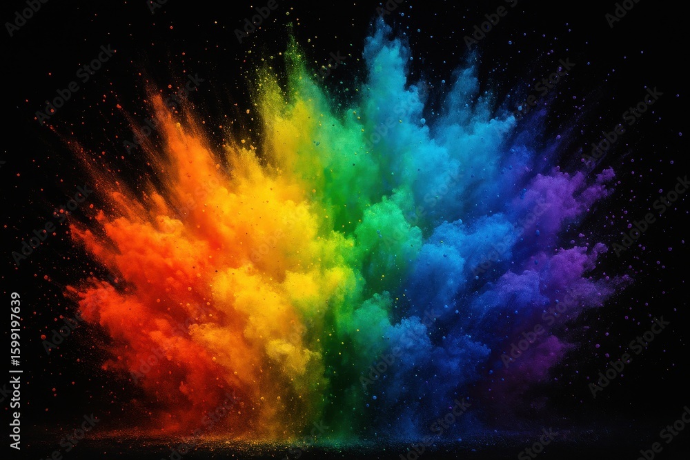 Naklejka premium Vibrant colored powder explosion creating rainbow dust clouds in dynamic artistic composition