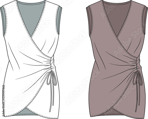Women's wrap tunic top technical fashion flat sketch with drawstring detail, stylish vector template for apparel design and clothing illustration