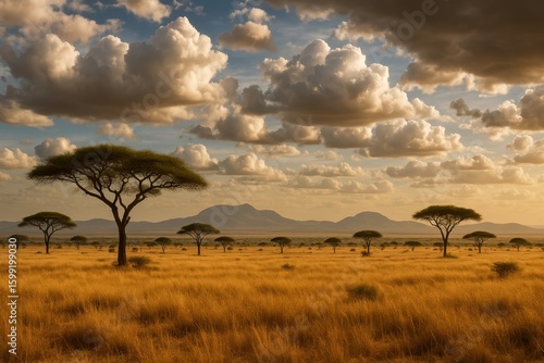Fototapeta Naklejka Na Ścianę i Meble -  African safari landscape with acacia trees and distant mountains in pristine wilderness national park