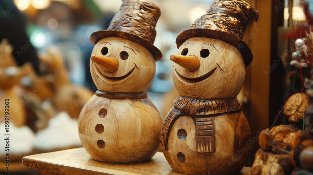 Fototapeta premium Wooden snowman ornaments, Christmas market stall, festive background, holiday gift