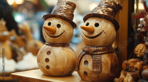 Wooden snowman ornaments, Christmas market stall, festive background, holiday gift