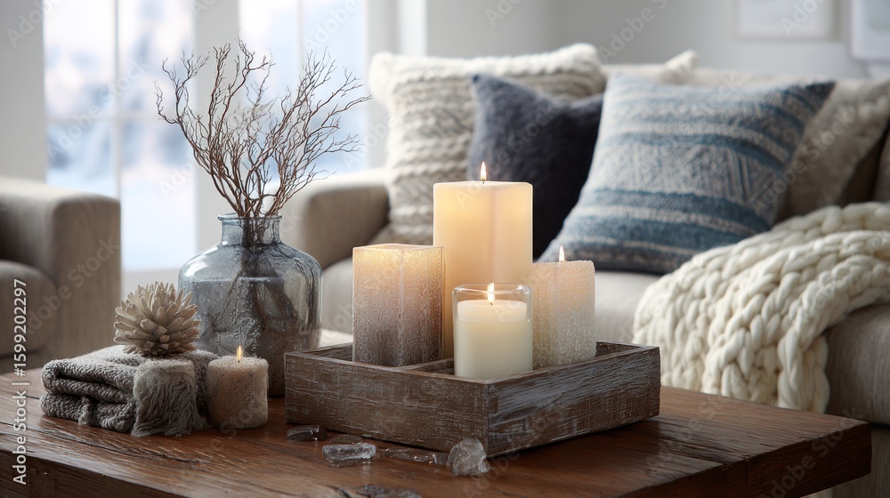 Obraz premium Cozy winter living room display with candles and decorative accents.