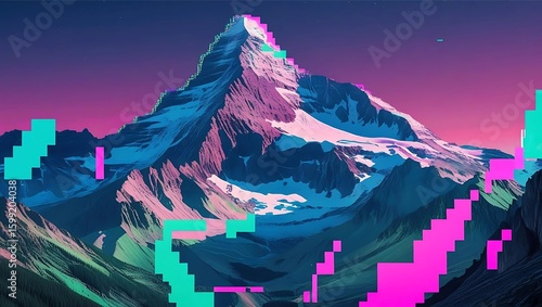 A vibrant, pixelated mountain peak against a gradient sunset sky.