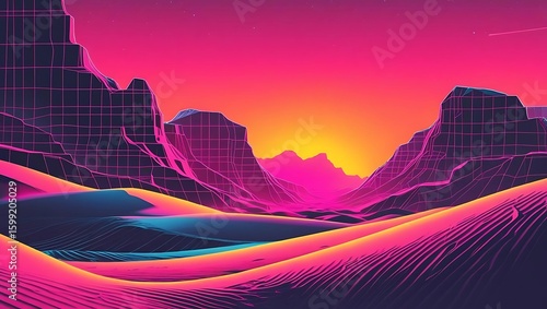 A vibrant, stylized desert landscape with a grid overlay, featuring mountains and a colorful sunset.