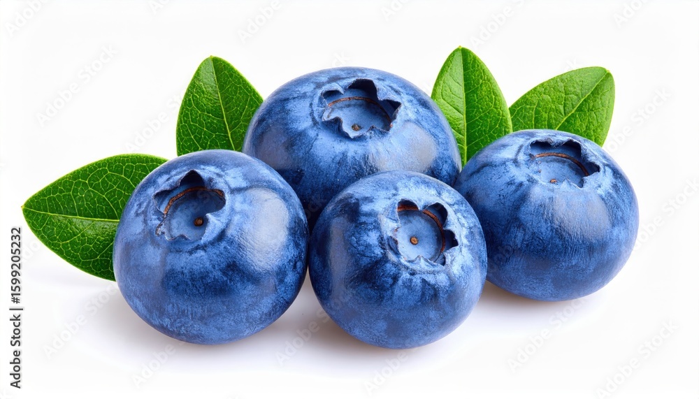 Obraz premium ** Close-up of ripe blueberries with green leaves, showcasing vibrant colors and freshness, perfect for healthy eating and summer recipes. **