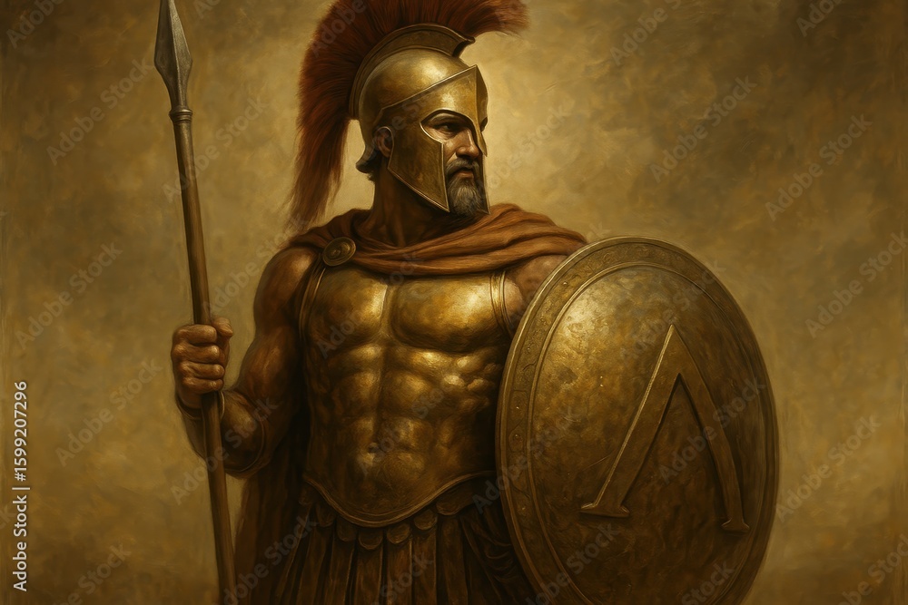 Fototapeta premium Legendary ancient Spartan warrior in full bronze armor with shield and spear representing classical military heritage and heroic tradition
